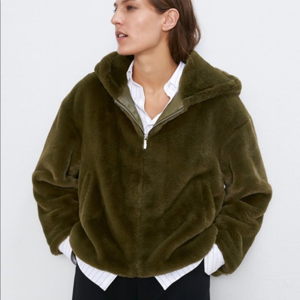 Zara Faux Fur Jacket Khaki Olive